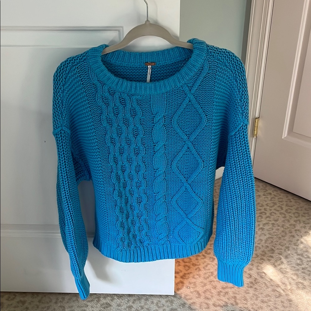Free People Blue Crew Neck Cable Knit Sweater
